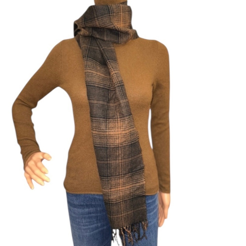 100% Cashmere Made in Scotland Brown Plaid Scarf 63x12” - Picture 1 of 4